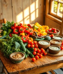 Colorful Vegetable Spread on Wooden Table – free AI stock image