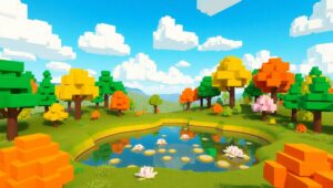 Colorful Voxel Art Landscape Adventure – free AI stock image