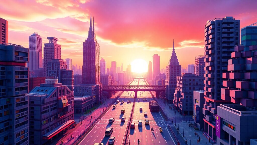 Colorful Voxel Cityscape at Dusk – free AI stock image