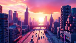 Colorful Voxel Cityscape at Dusk – free AI stock image