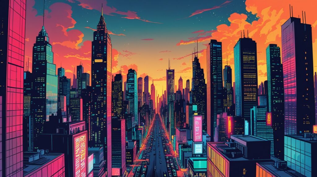 Comic Style City Landscape at Dusk – free AI stock image