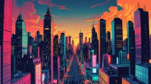 Comic Style City Landscape at Dusk – free AI stock image