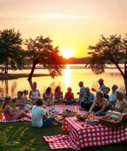 Community Gathering at Sunset by the Lake – free AI stock image