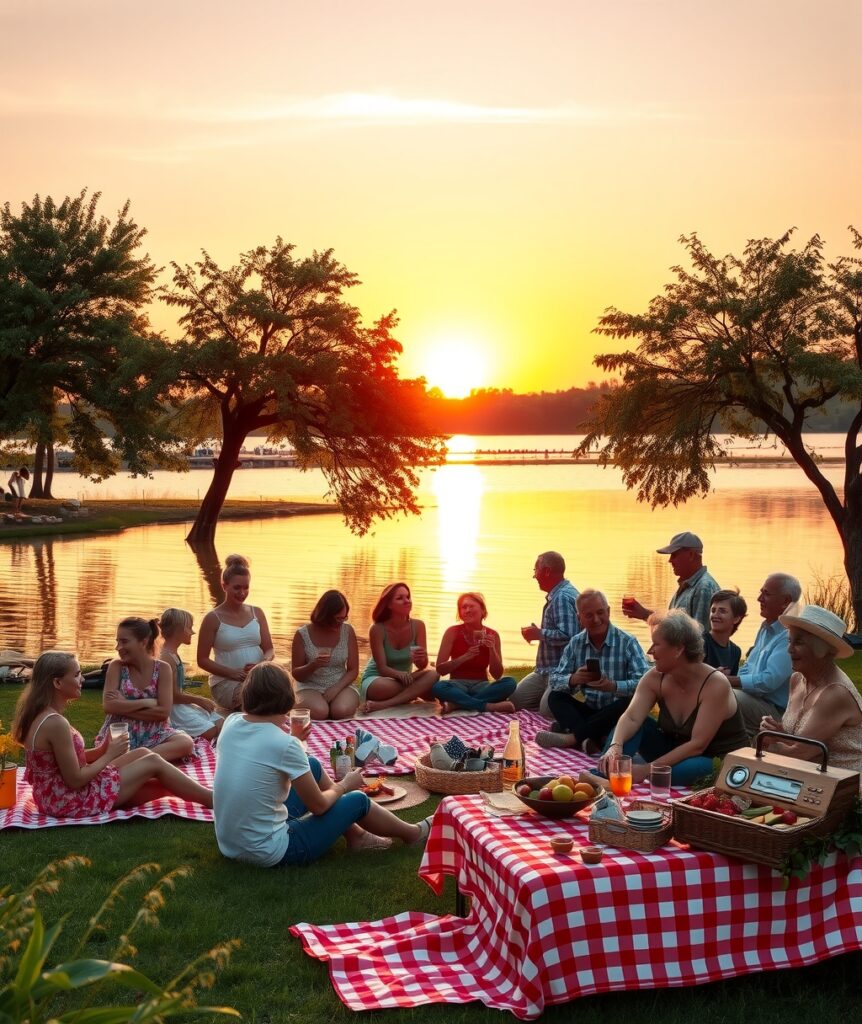 Community Gathering at Sunset by the Lake – free AI stock image