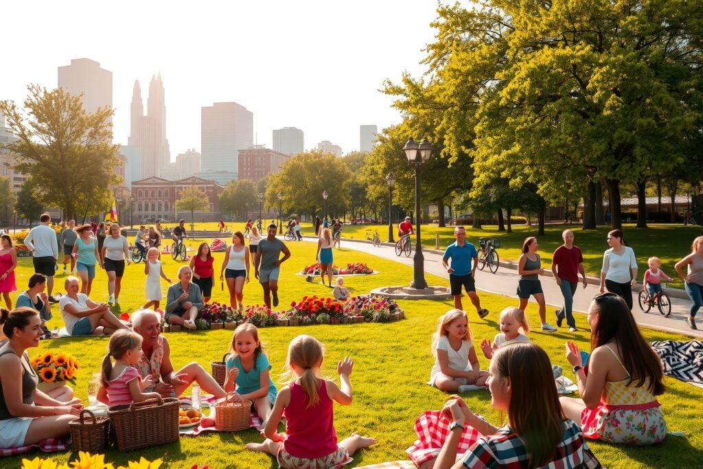 Congregation of People in Urban Park – free AI stock image