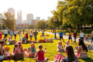 Congregation of People in Urban Park – free AI stock image