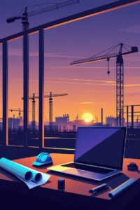 Construction Site at Dusk with Laptops – free AI stock image