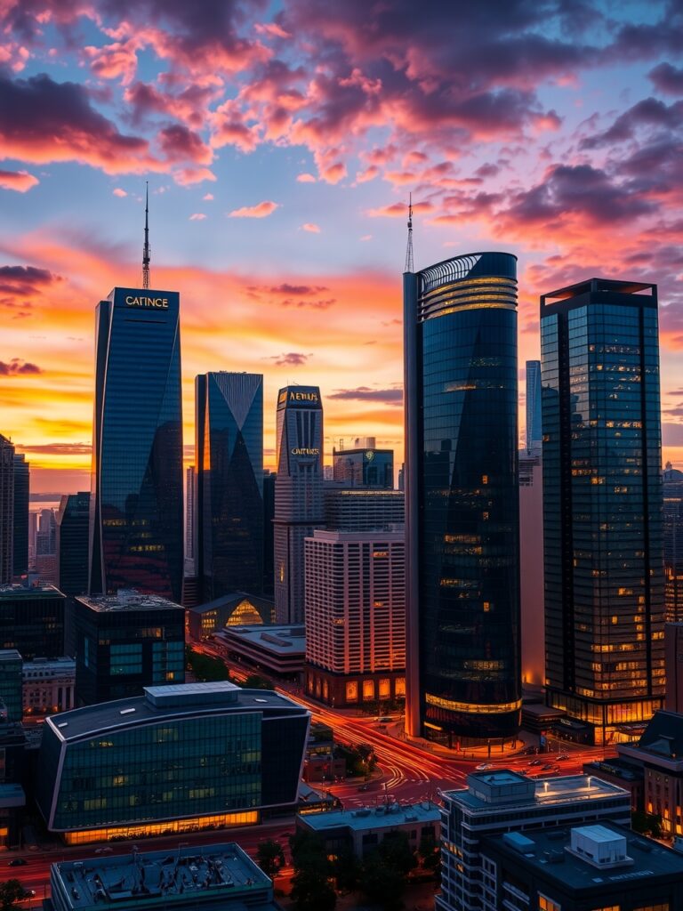 Contemporary Urban Skyscrapers at Dusk – free AI stock image