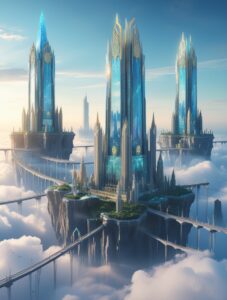 Corporate Ascent in Mythical Cloud City – free AI stock image