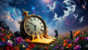 Cosmic Dance in a Melting Garden – free AI stock image