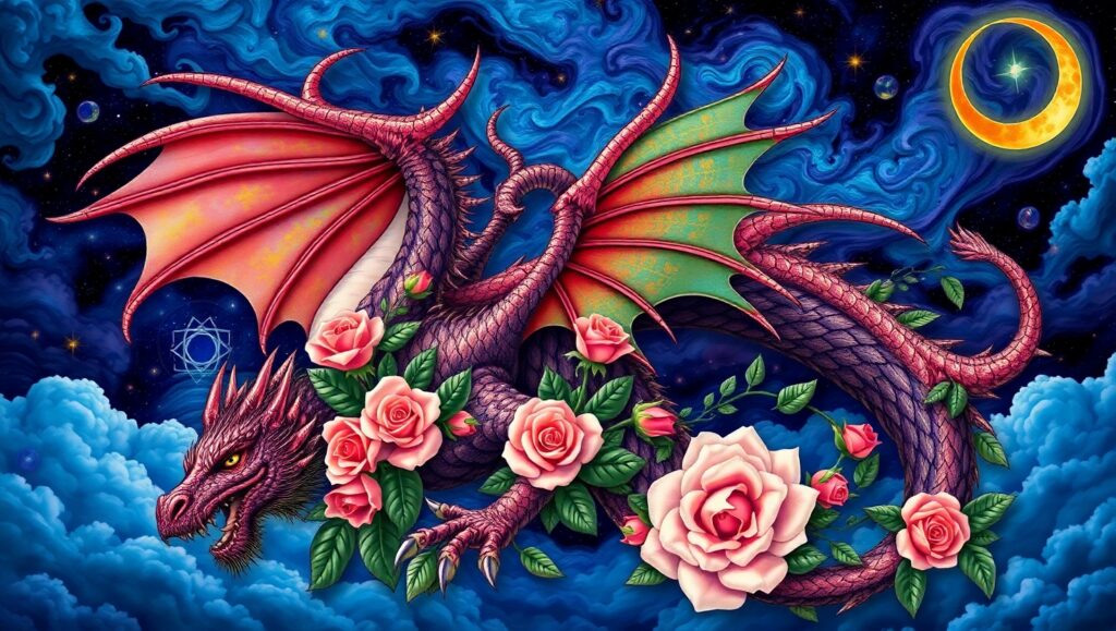 Cosmic Dragon Rose Tattoo – free AI stock image