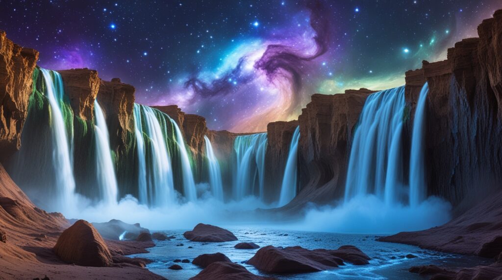 Cosmic Waterfalls on an Alien Landscape – free AI stock image