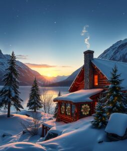 Cozy Cabin by the Snowy Lake – free AI stock image
