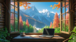 Cozy Cabin Desk Overlooking a Mountain View – free AI stock image