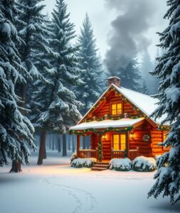 Cozy Cabin in the Snowy Forest – free AI stock image