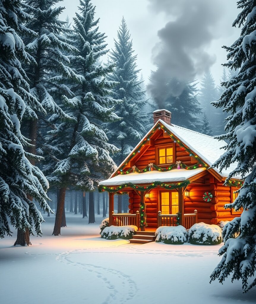 Cozy Cabin in the Snowy Forest – free AI stock image