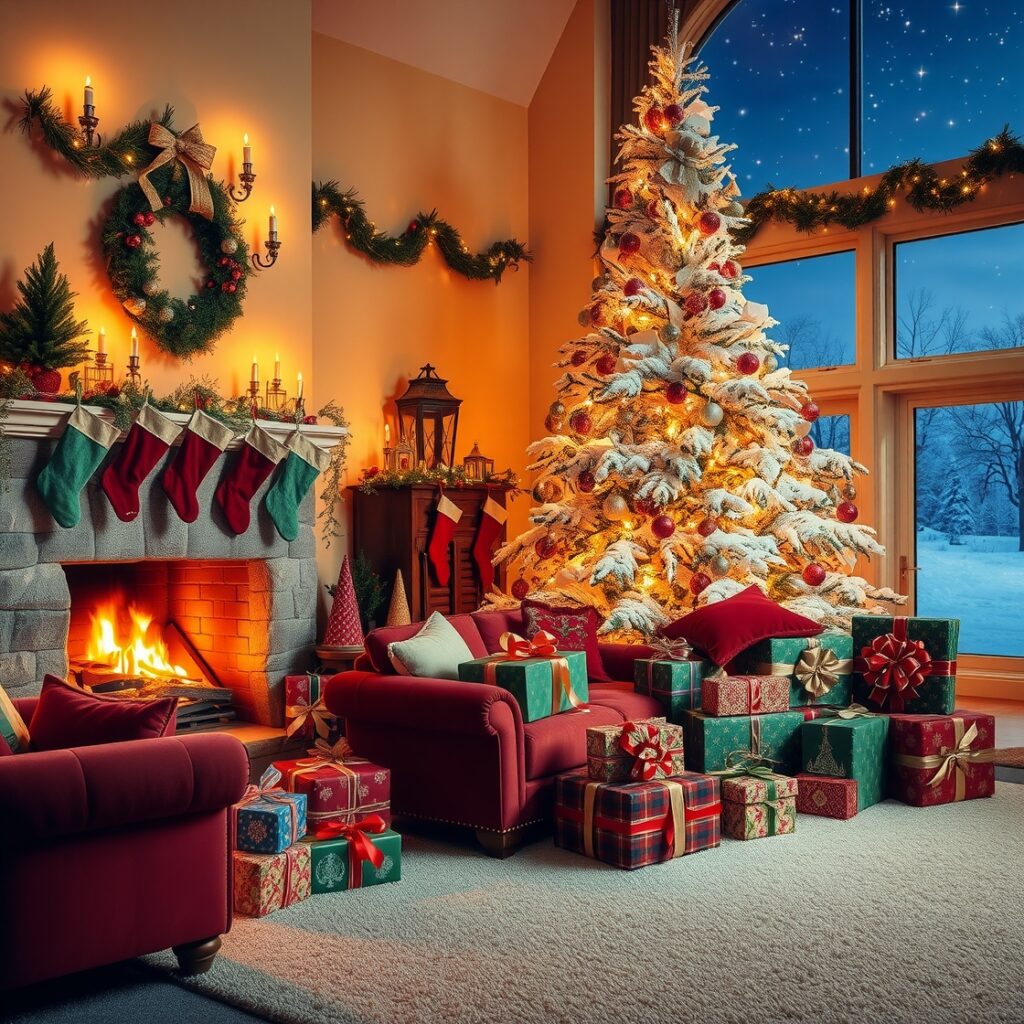 Cozy Christmas Evening with Warm Lights – free AI stock image