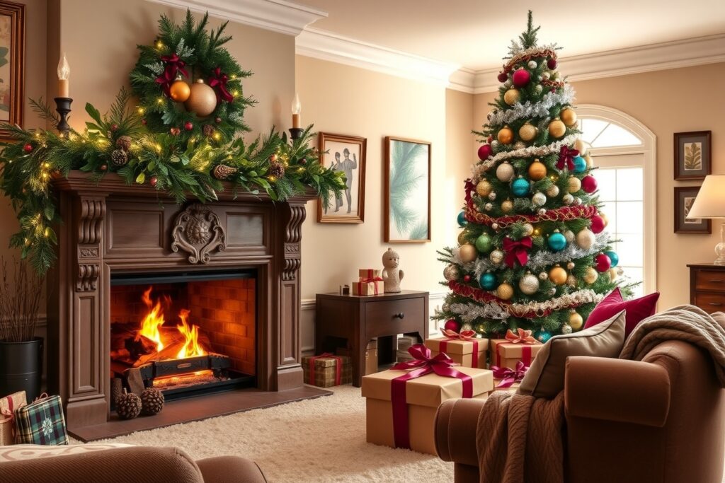Cozy Christmas Fireplace with Decorations – free AI stock image