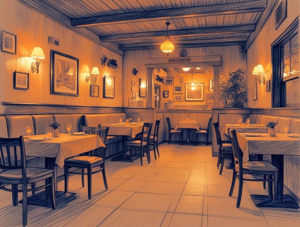 Cozy Family Restaurant Interior at Dusk – free AI stock image