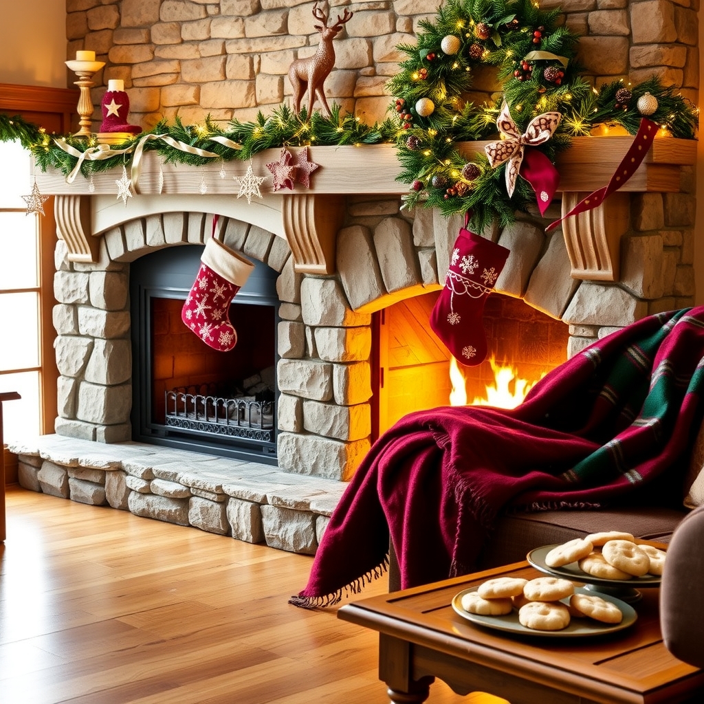 Cozy Fireplace with Holiday Decor – free AI stock image