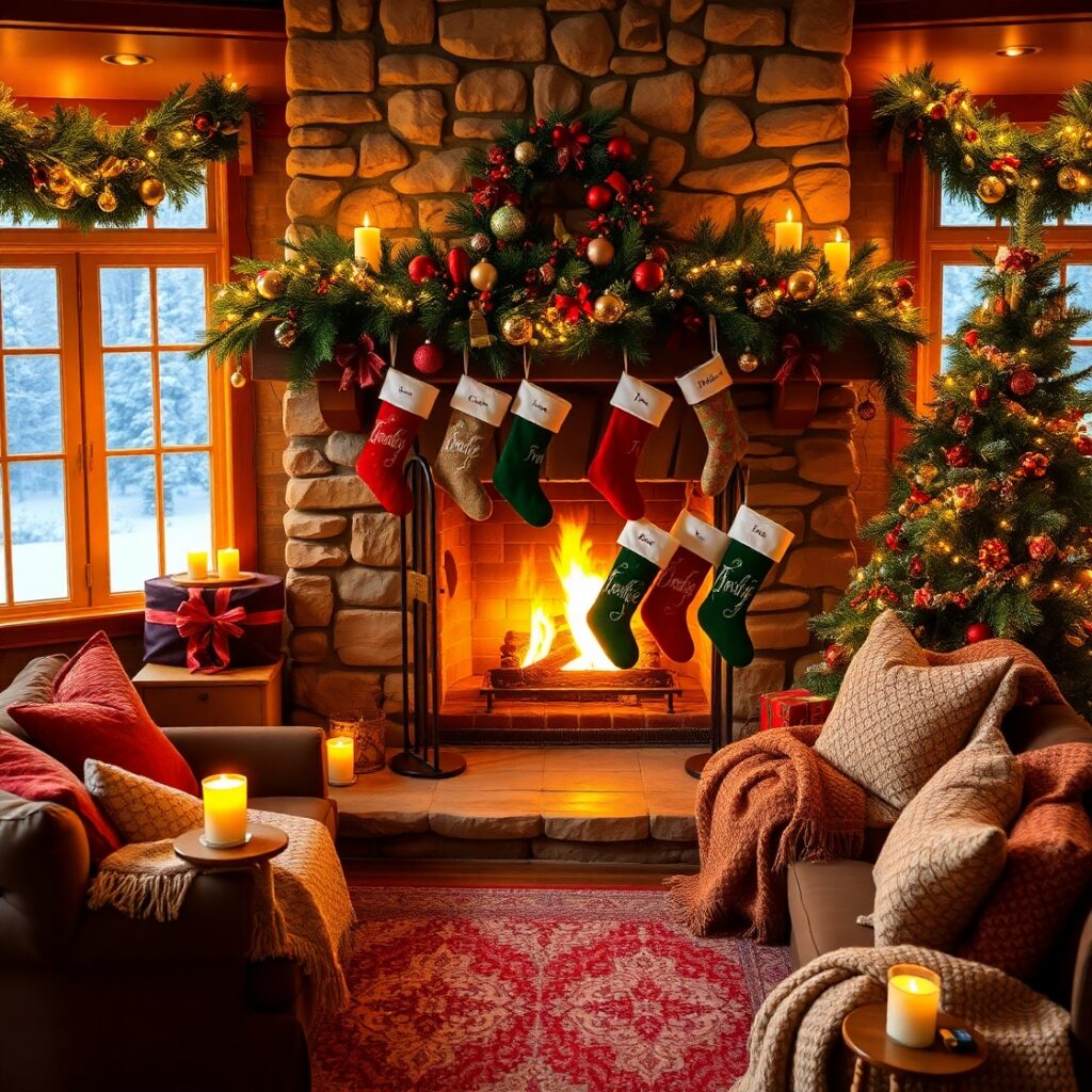 Cozy Fireplace with Holiday Decorations – free AI stock image