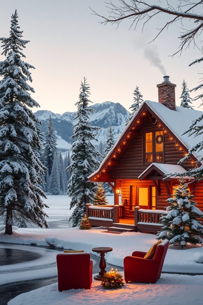 Cozy Holiday Cabin by the Snowy Lake – free AI stock image
