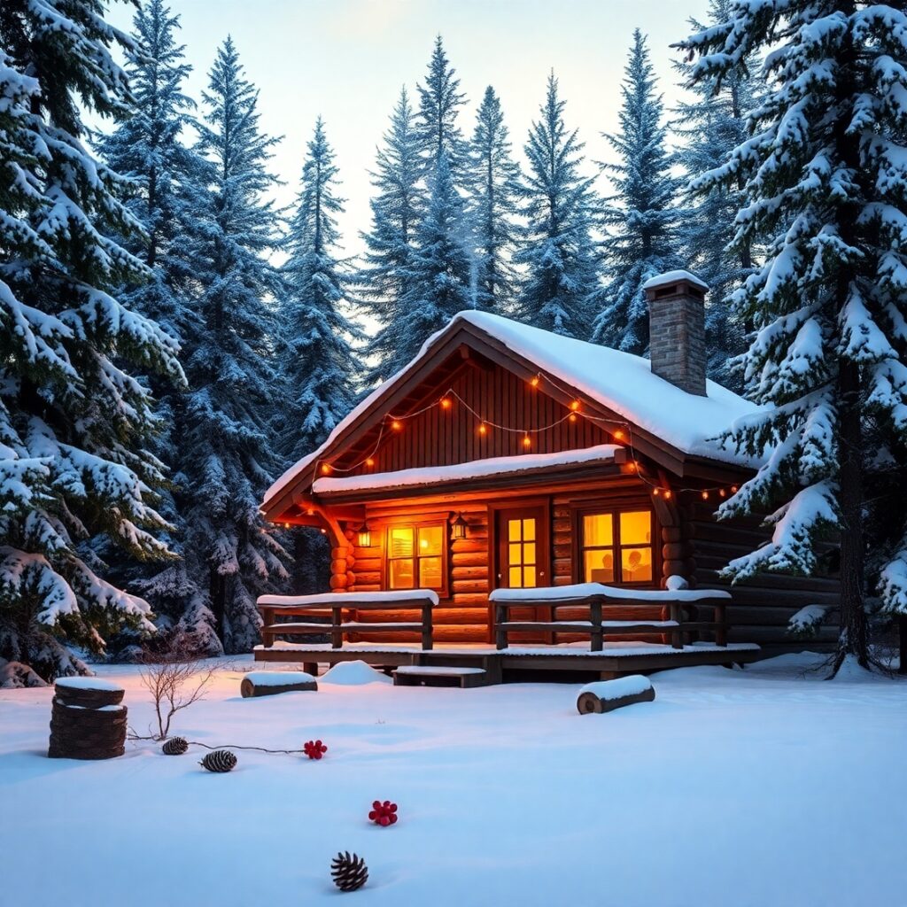 Cozy Holiday Cabin in Snowy Landscape – free AI stock image