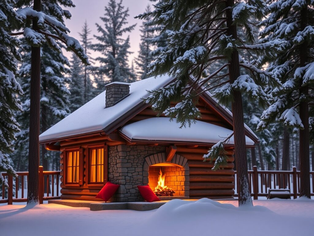 Cozy Holiday Cabin in Winter Wonderland – free AI stock image