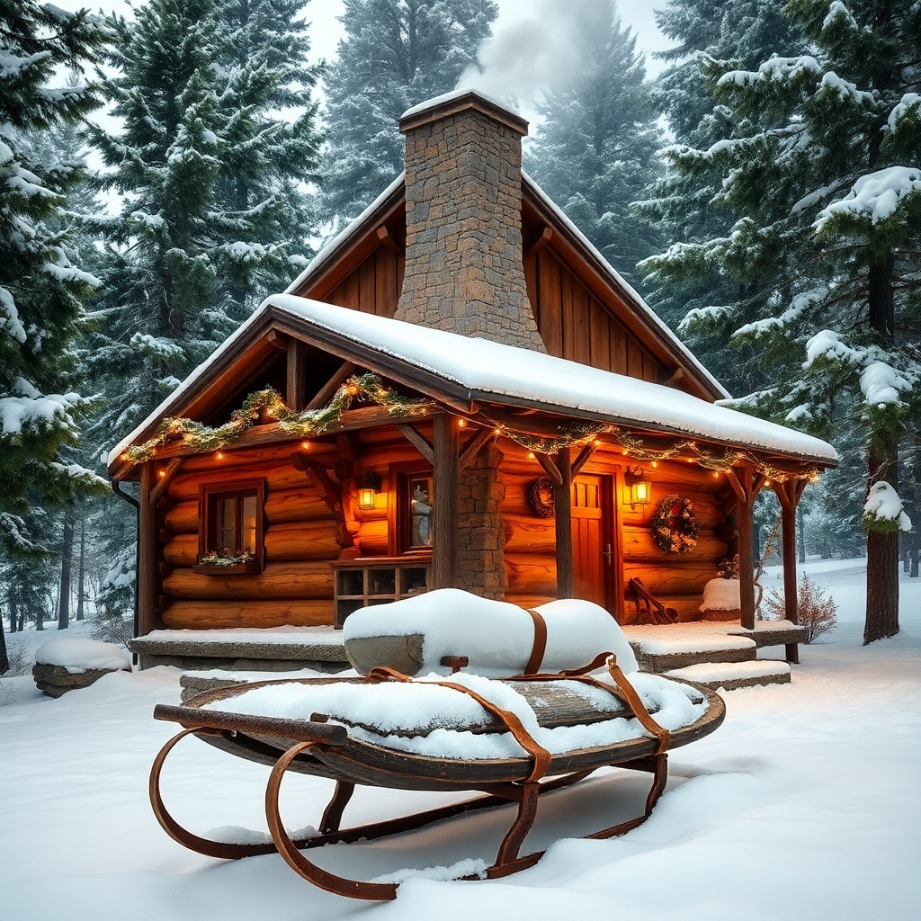Cozy Holiday Cabin with Snowy Pine Trees – free AI stock image