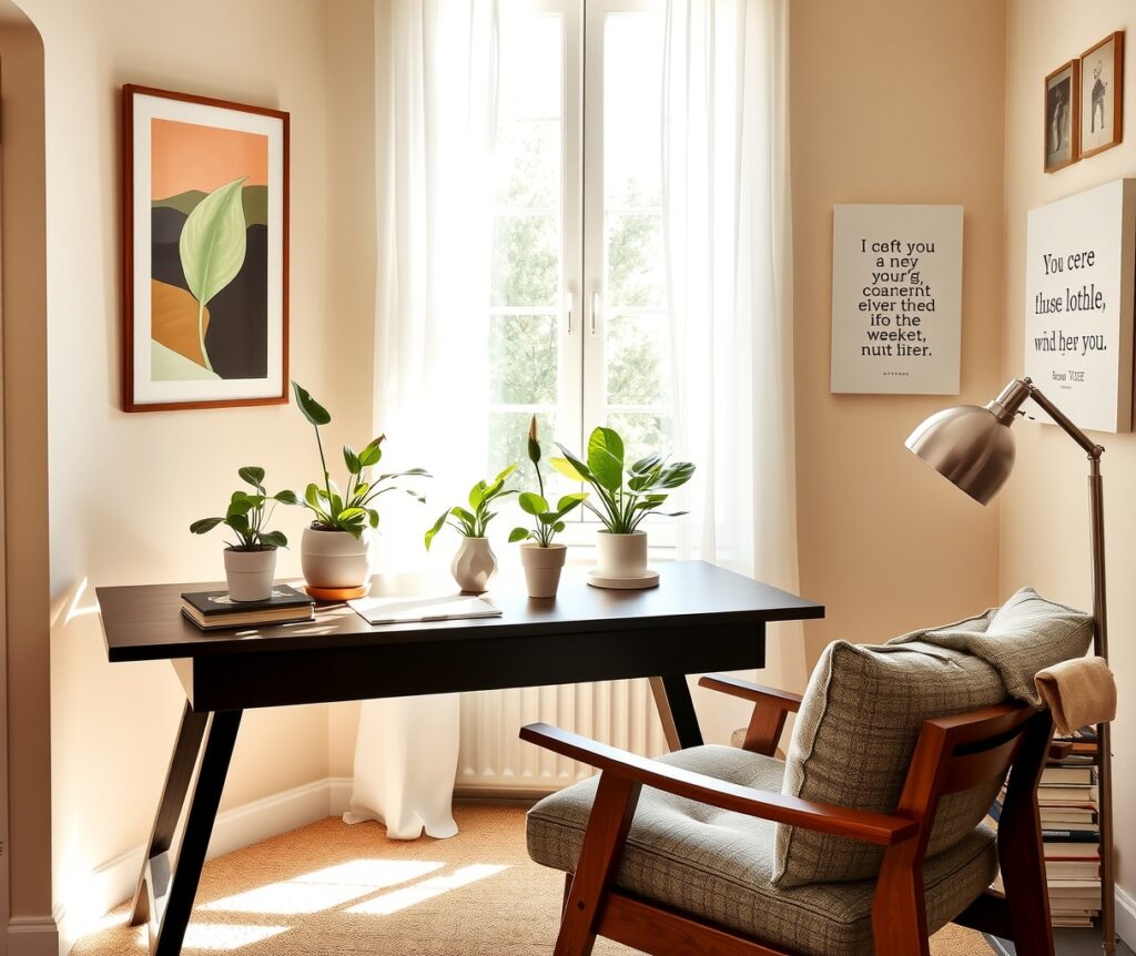 Cozy Home Office Corner with Greenery – free AI stock image