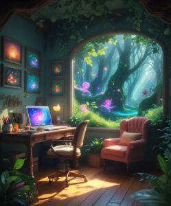 Cozy Home Office in a Fantasy Landscape – free AI stock image