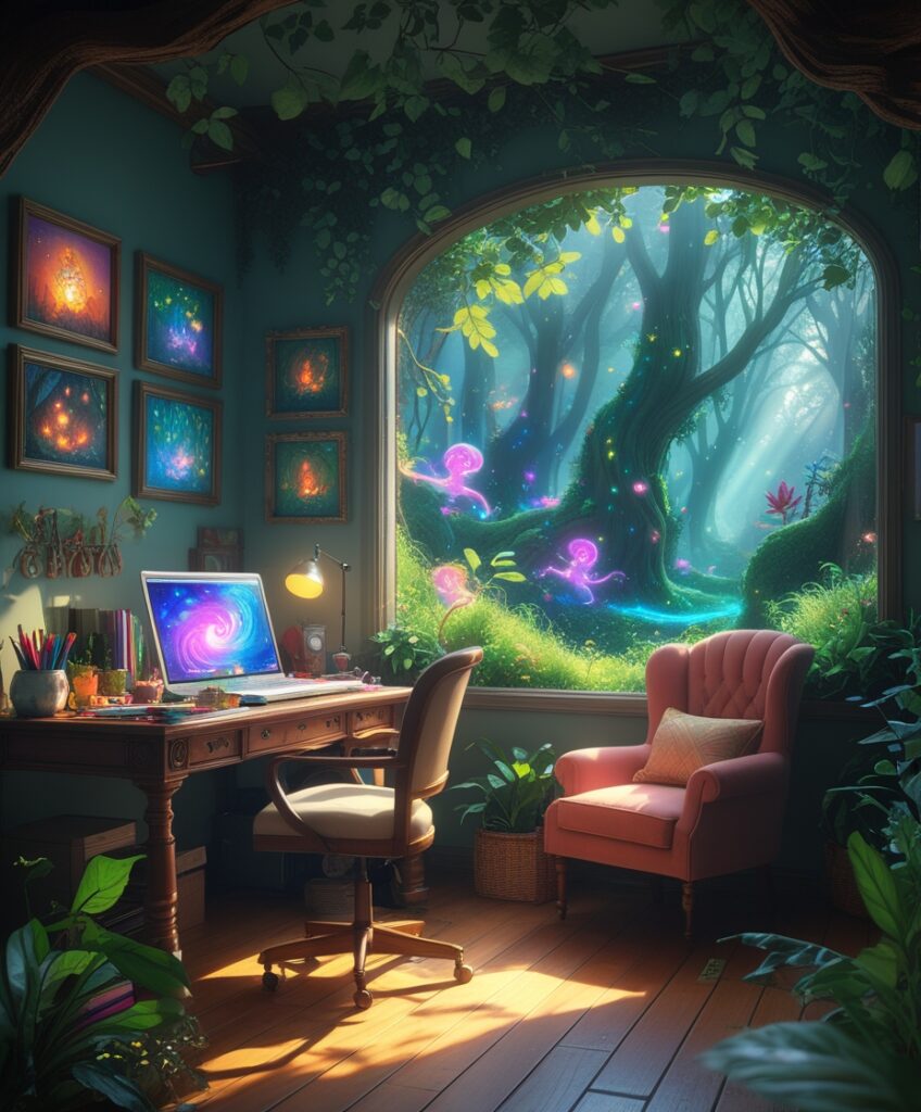 Cozy Home Office in a Fantasy Landscape – free AI stock image