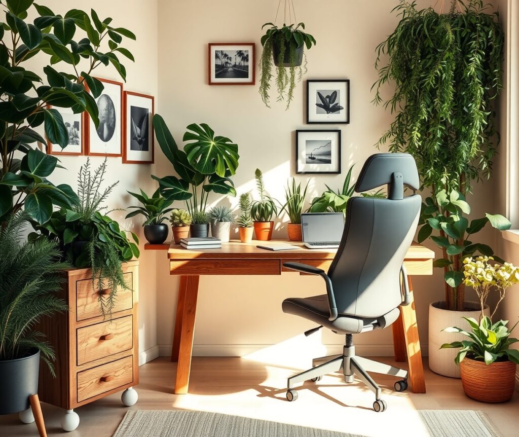 Cozy Home Office Setup with Indoor Plants – free AI stock image
