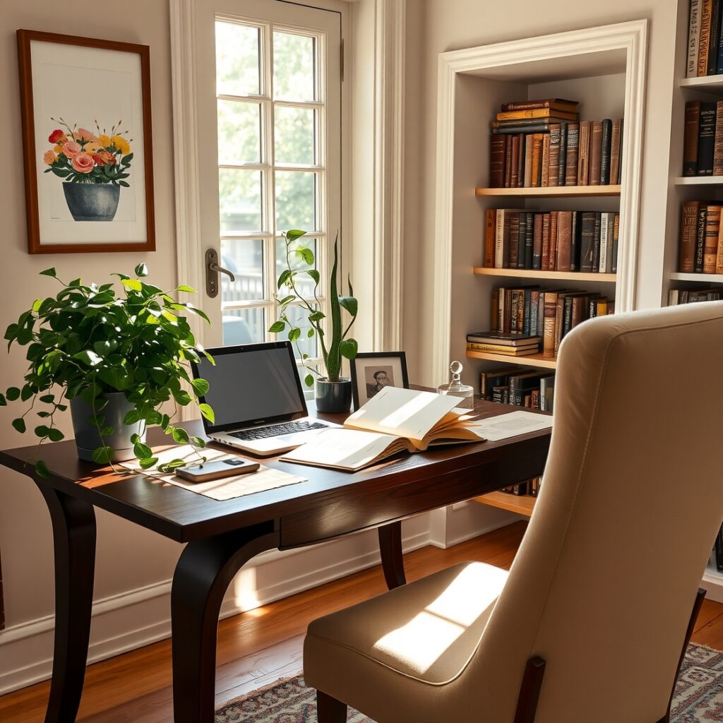 Cozy Home Office Setup with Plants – free AI stock image
