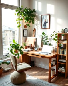 Cozy Home Office Space With Plants – free AI stock image
