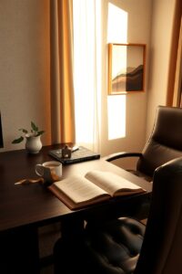Cozy Home Office with Coffee and Books – free AI stock image