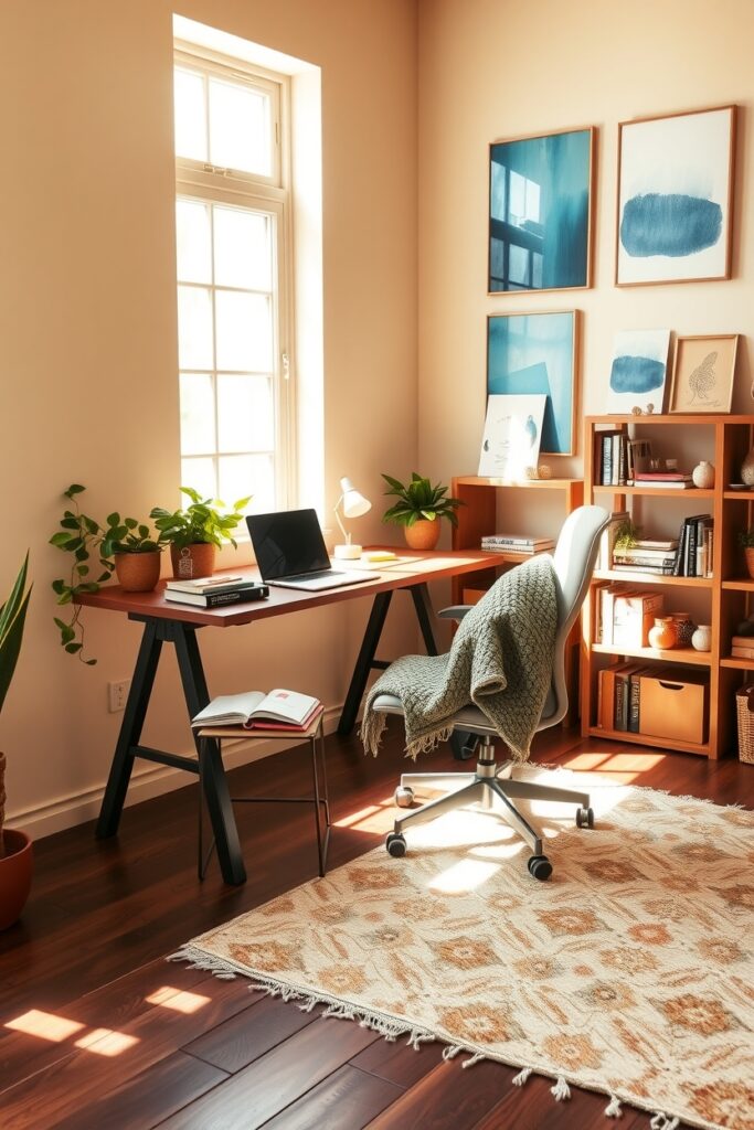 Cozy Home Office with Green Plants – free AI stock image