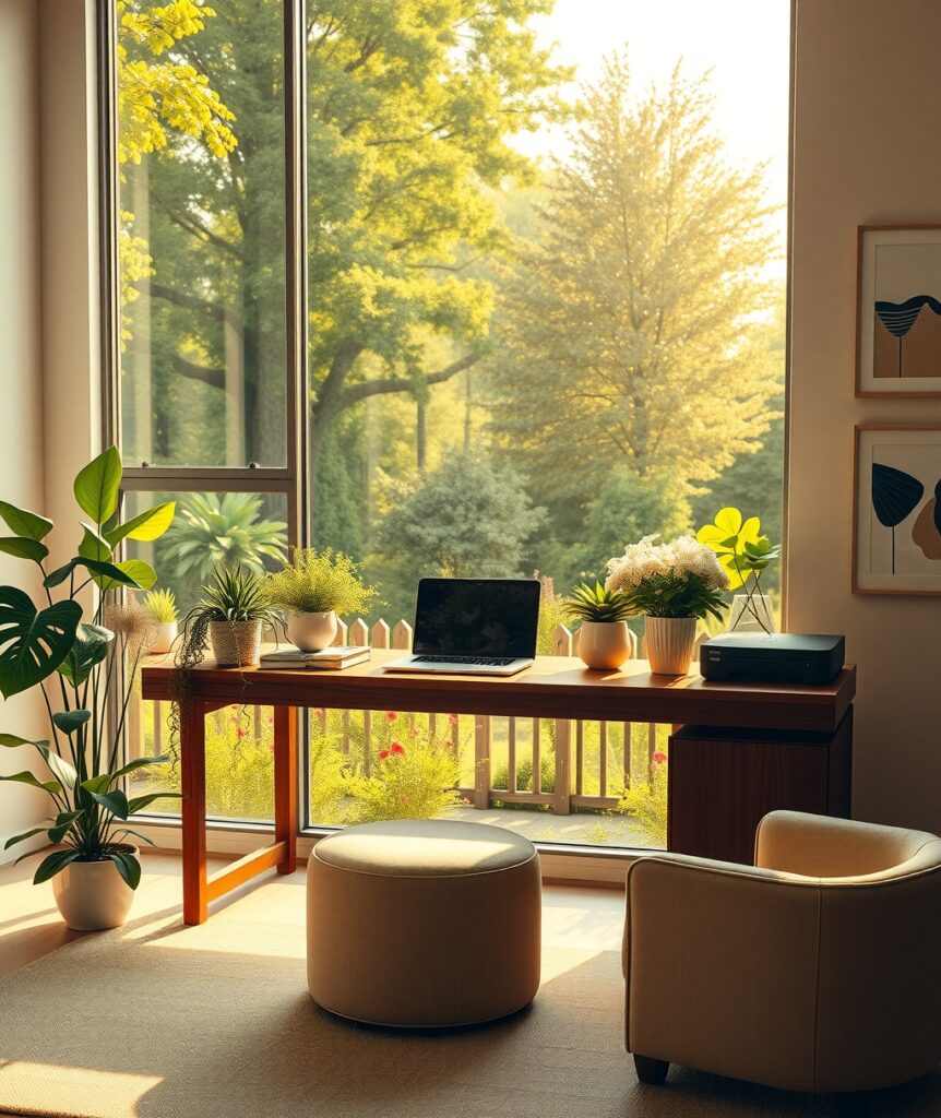 Cozy Home Office with Green Plants – free AI stock image