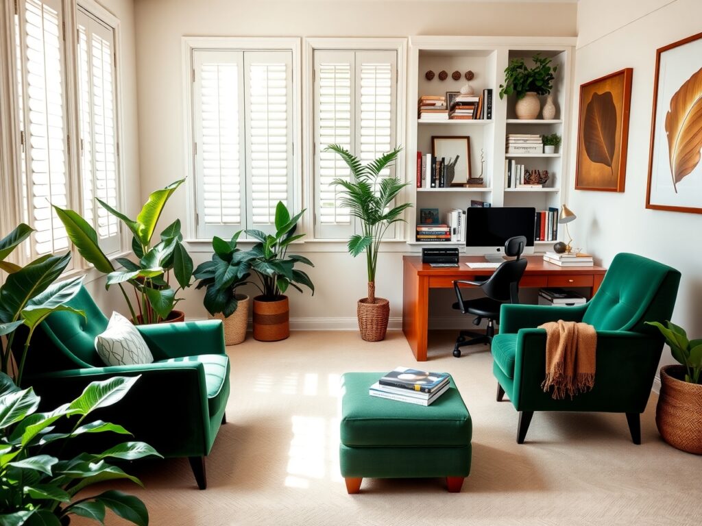 Cozy Home Office with Green Plants – free AI stock image