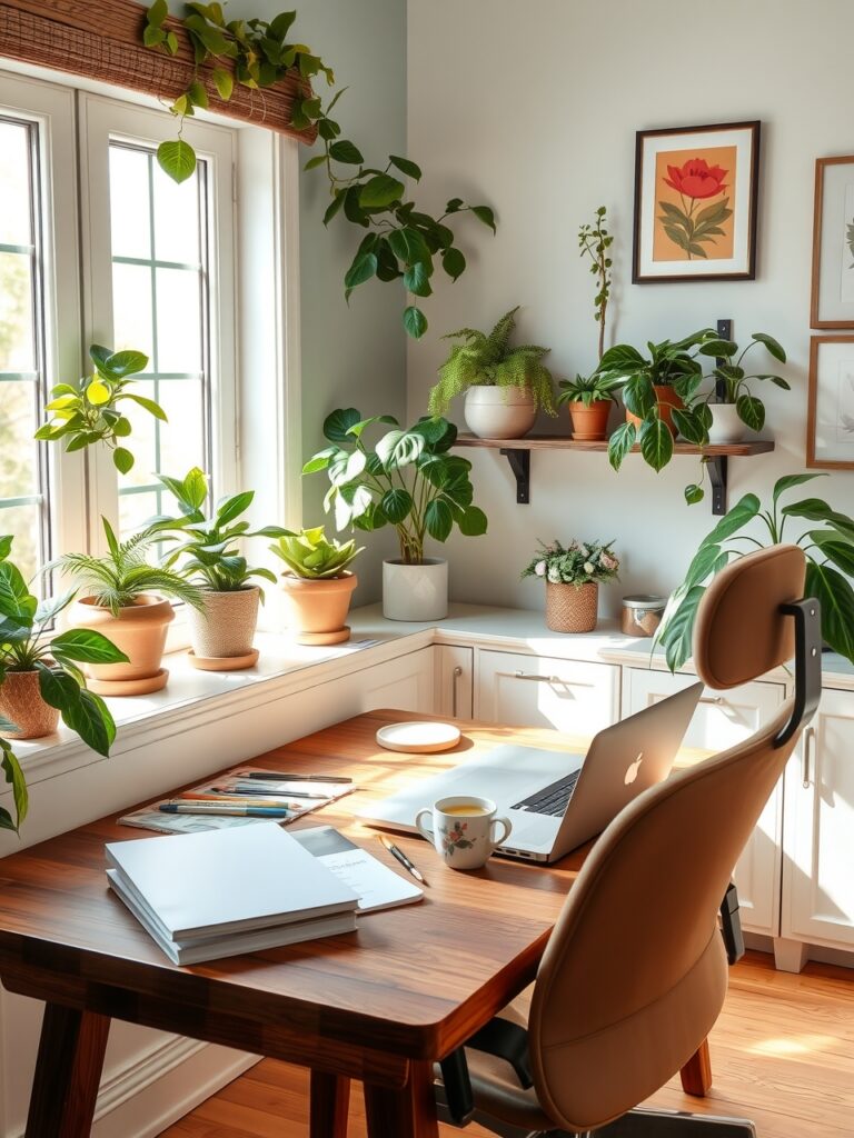 Cozy Home Office with Green Plants – free AI stock image