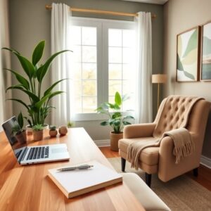 Cozy Home Office with Green Plants – free AI stock image