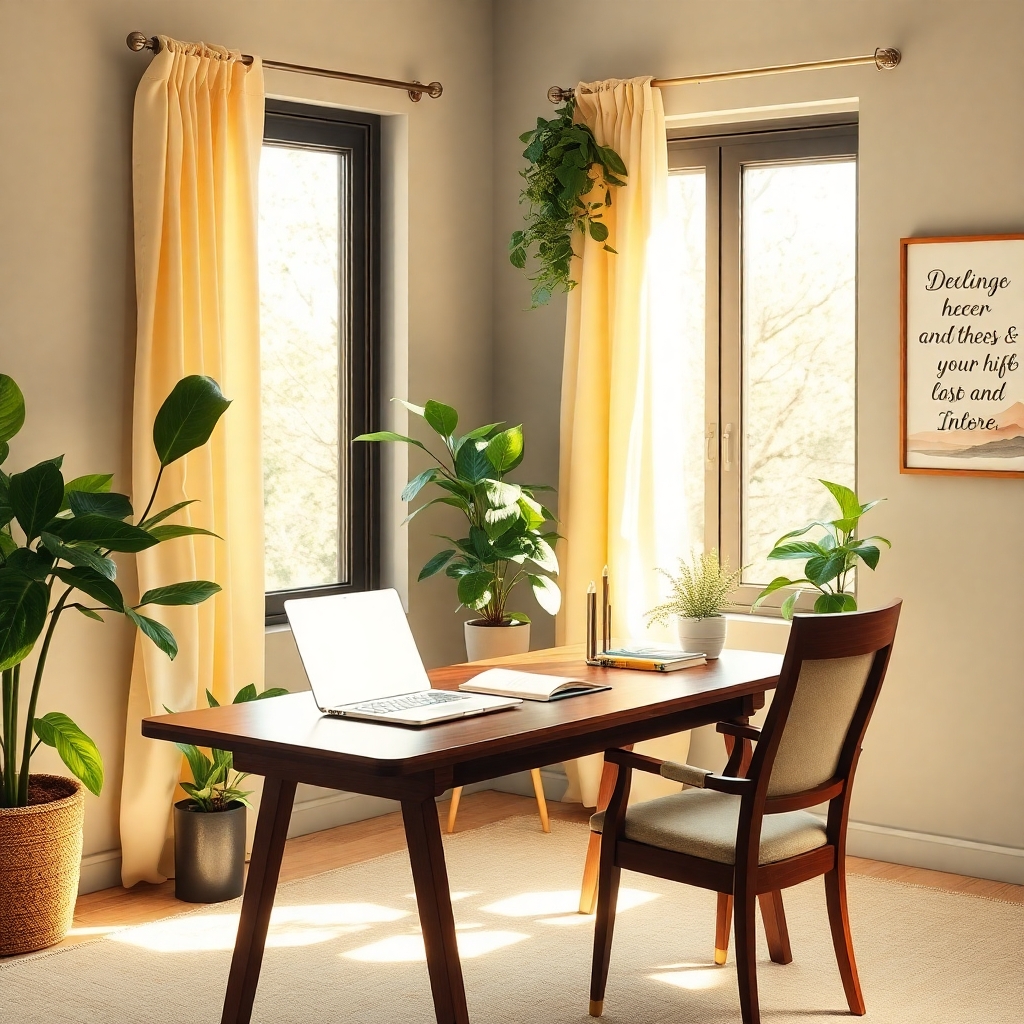 Cozy Home Office with Green Plants – free AI stock image