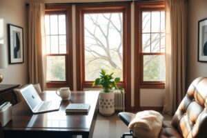 Cozy Home Office with Greenery and Light – free AI stock image
