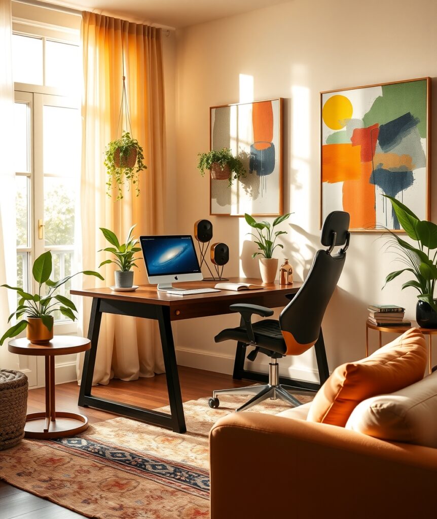 Cozy Home Office with Greenery and Light – free AI stock image