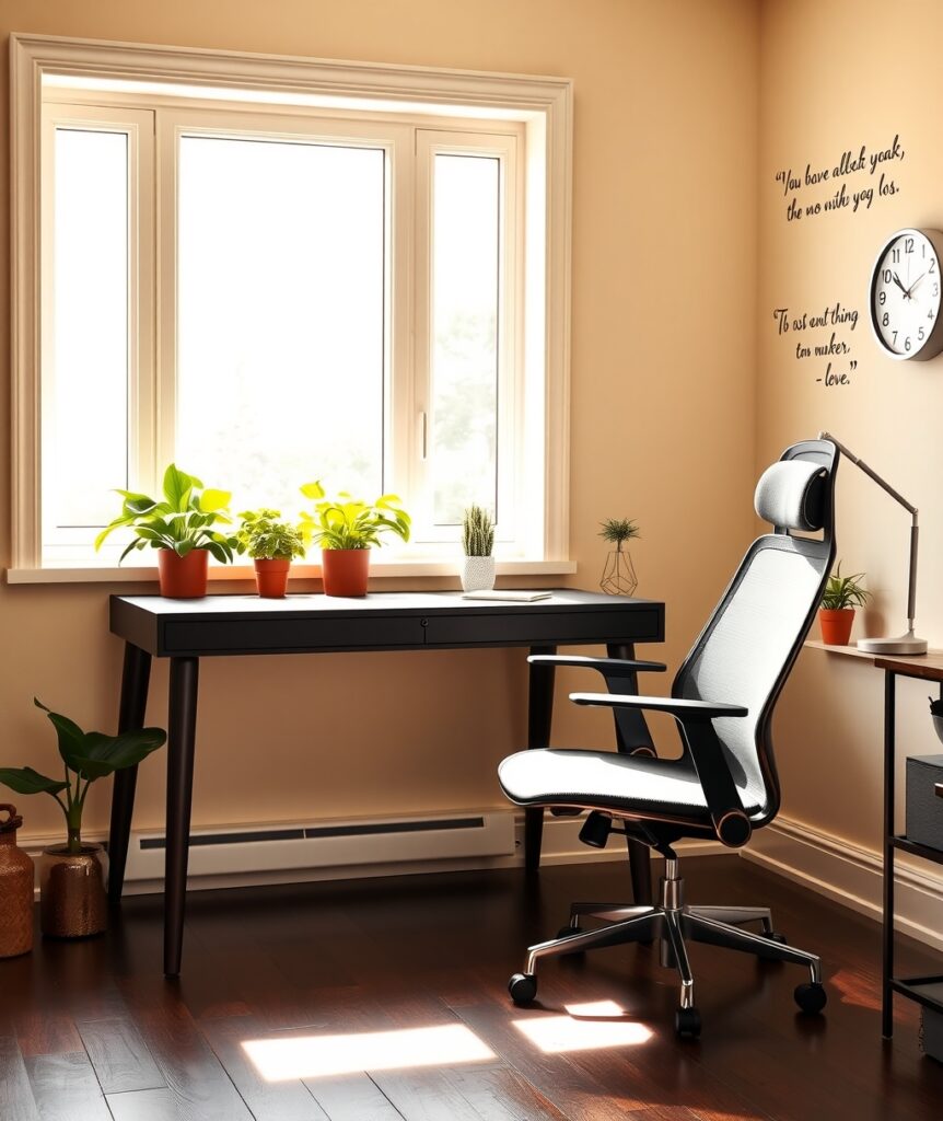Cozy Home Office with Greenery and Light – free AI stock image