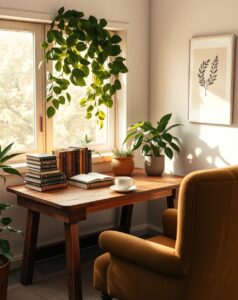 Cozy Home Office with Plants and Books – free AI stock image