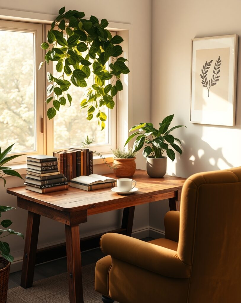 Cozy Home Office with Plants and Books – free AI stock image