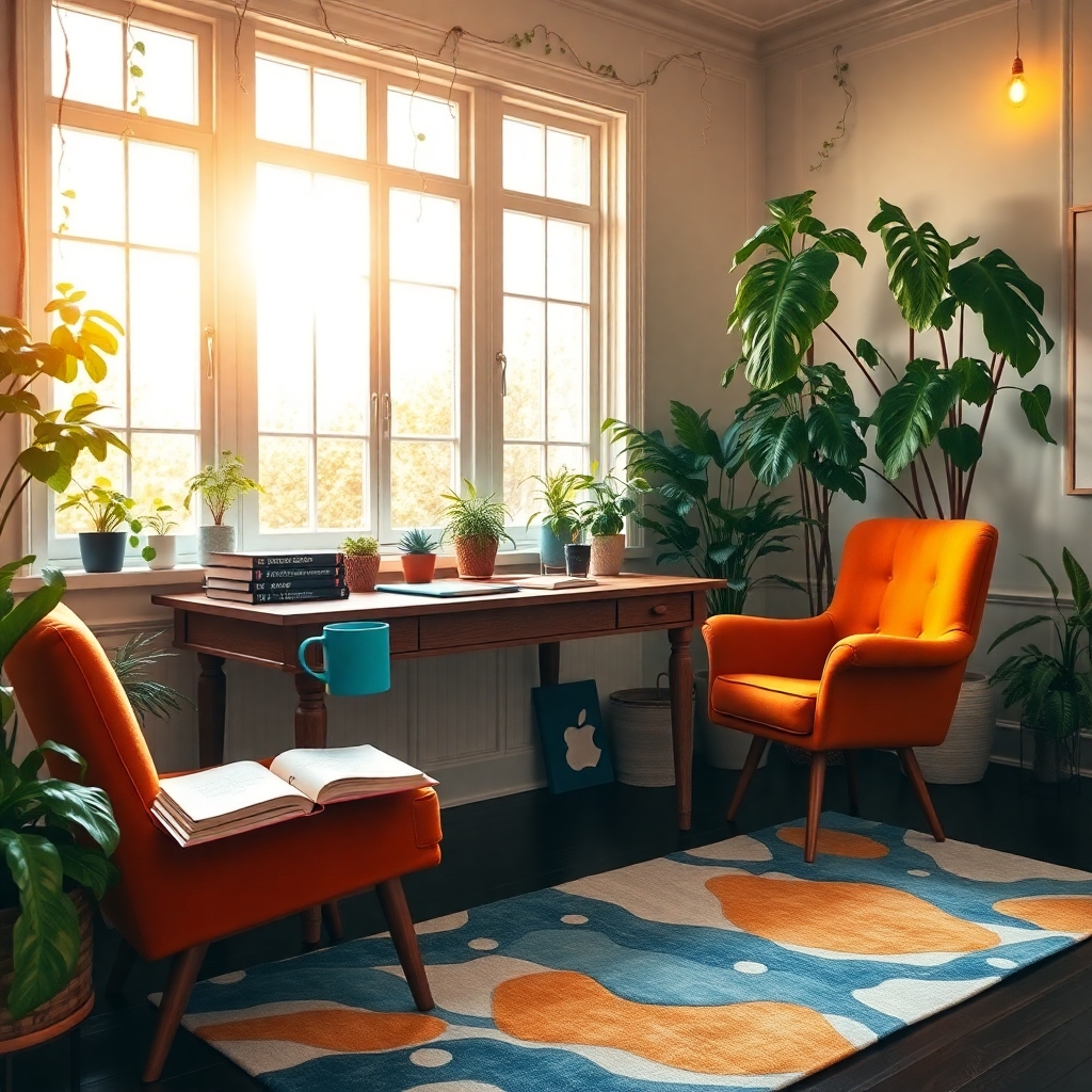 A Cozy Home Office with Plants and Light – free AI stock image