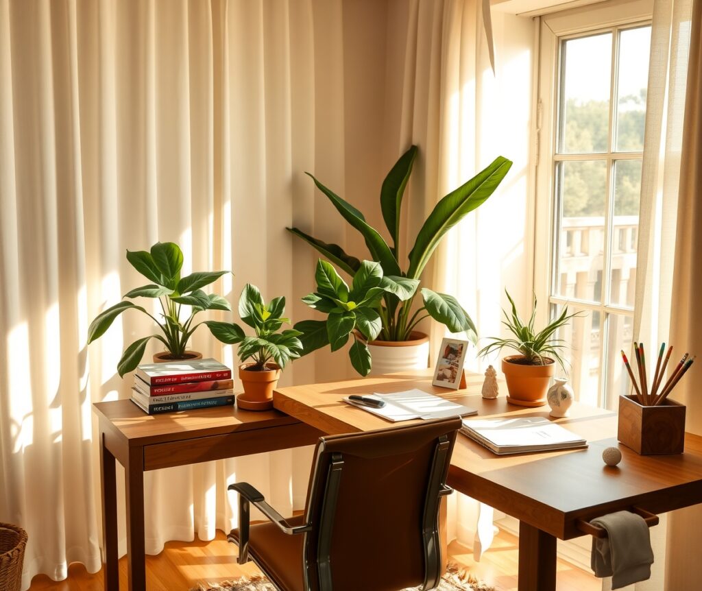 Cozy Home Office with Plants and Light – free AI stock image