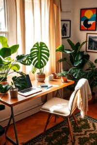 Cozy Home Office with Plants and Light – free AI stock image